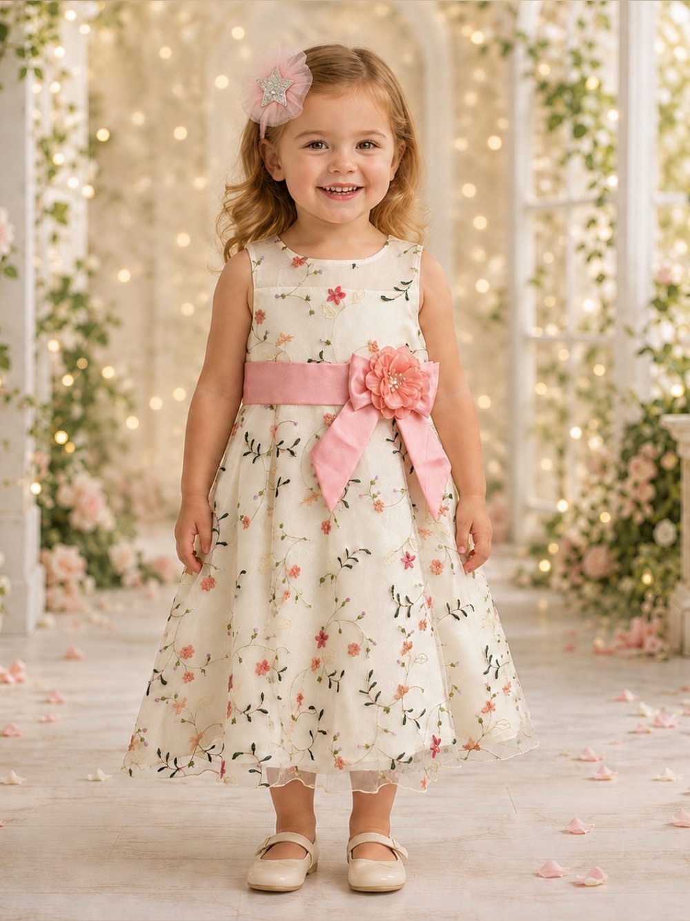 Bonnie Jean Girls 3/3T Ivory Floral Embroidered Dress Hair Bow EUC